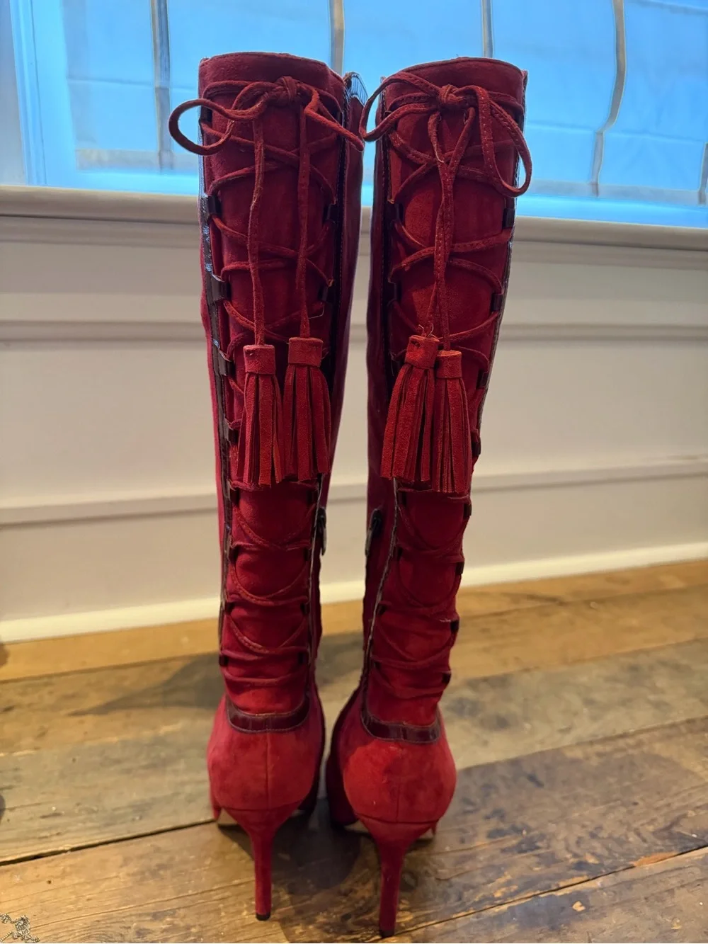 Joan & David Red Suede Tassel Lace-Up Over-the-Knee Boots